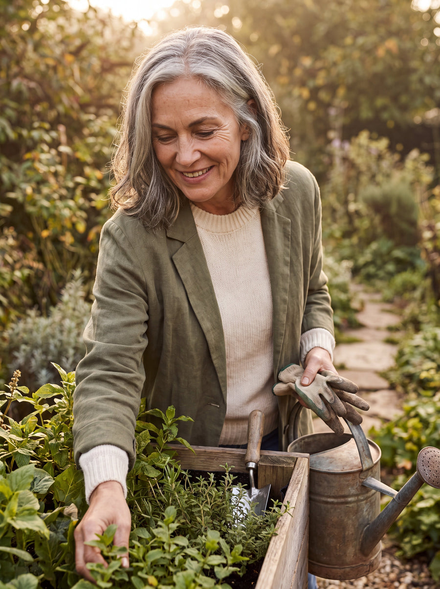 A woman tending her garden in warm morning light
